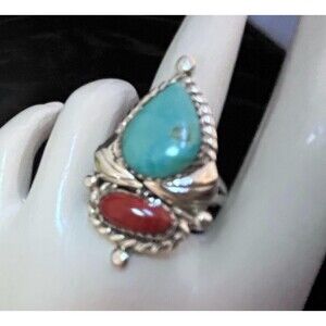 Navajo Sterling Turquoise and Coral Ring #427 SIGNED